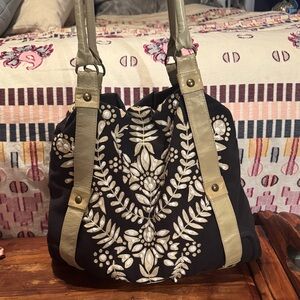 Anthropologie Black and Cream Embroidered Tote